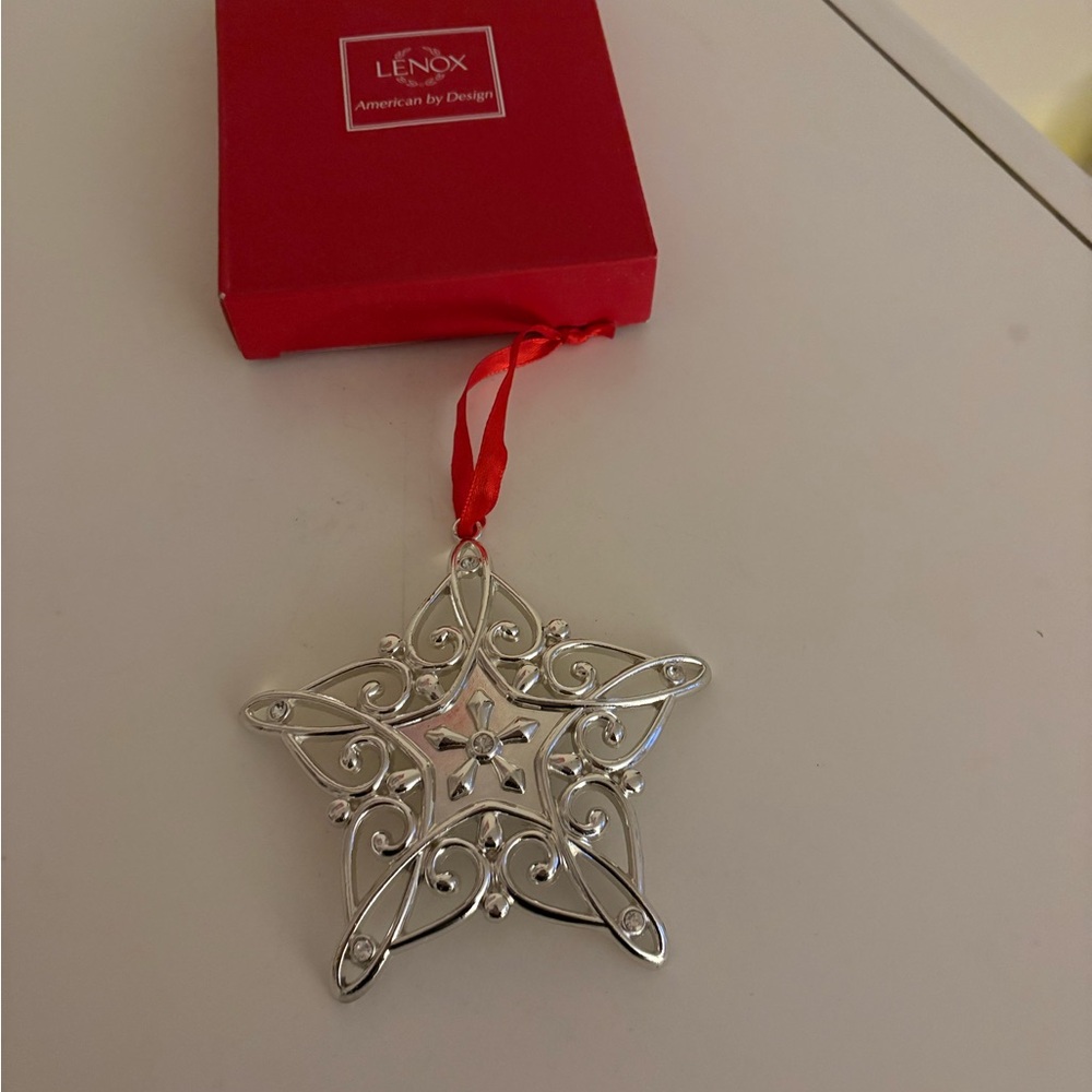 Lenox Silver Star Ornament with Red Ribbon  in Box New